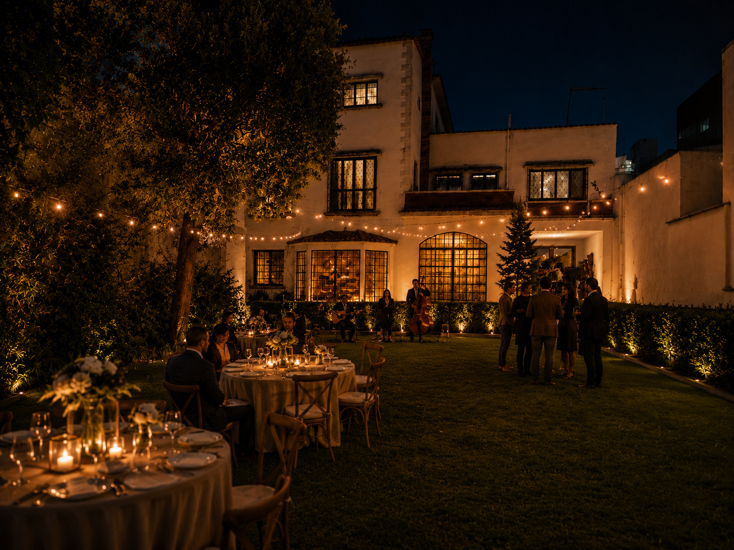 Candlelit evening gathering in the estate's private garden